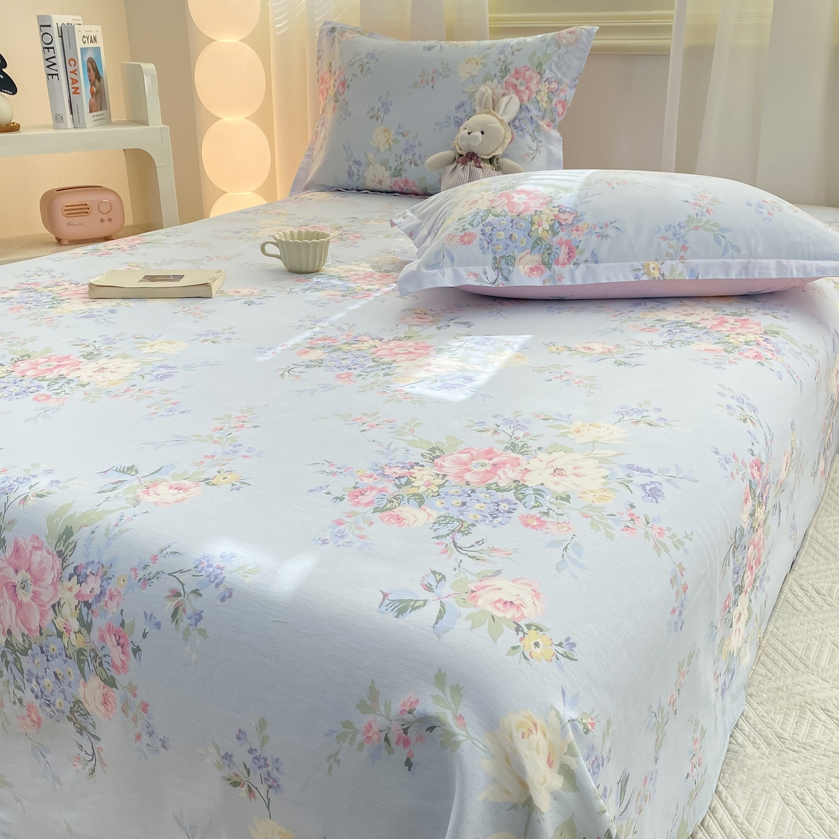 91家纺网 家纺一手货源 找家纺 花梦欣 2026新款全棉印花单品系列-单床单 栀夏海棠蓝