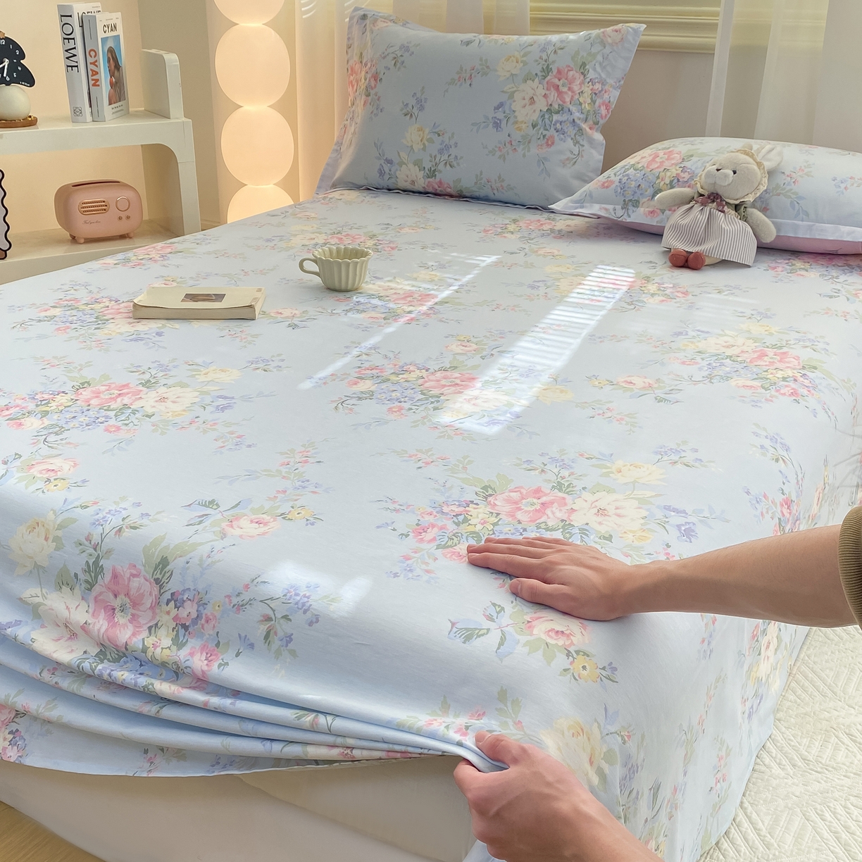 91家纺网 家纺一手货源 找家纺 花梦欣 2026新款全棉印花单品系列-单床单 栀夏海棠蓝