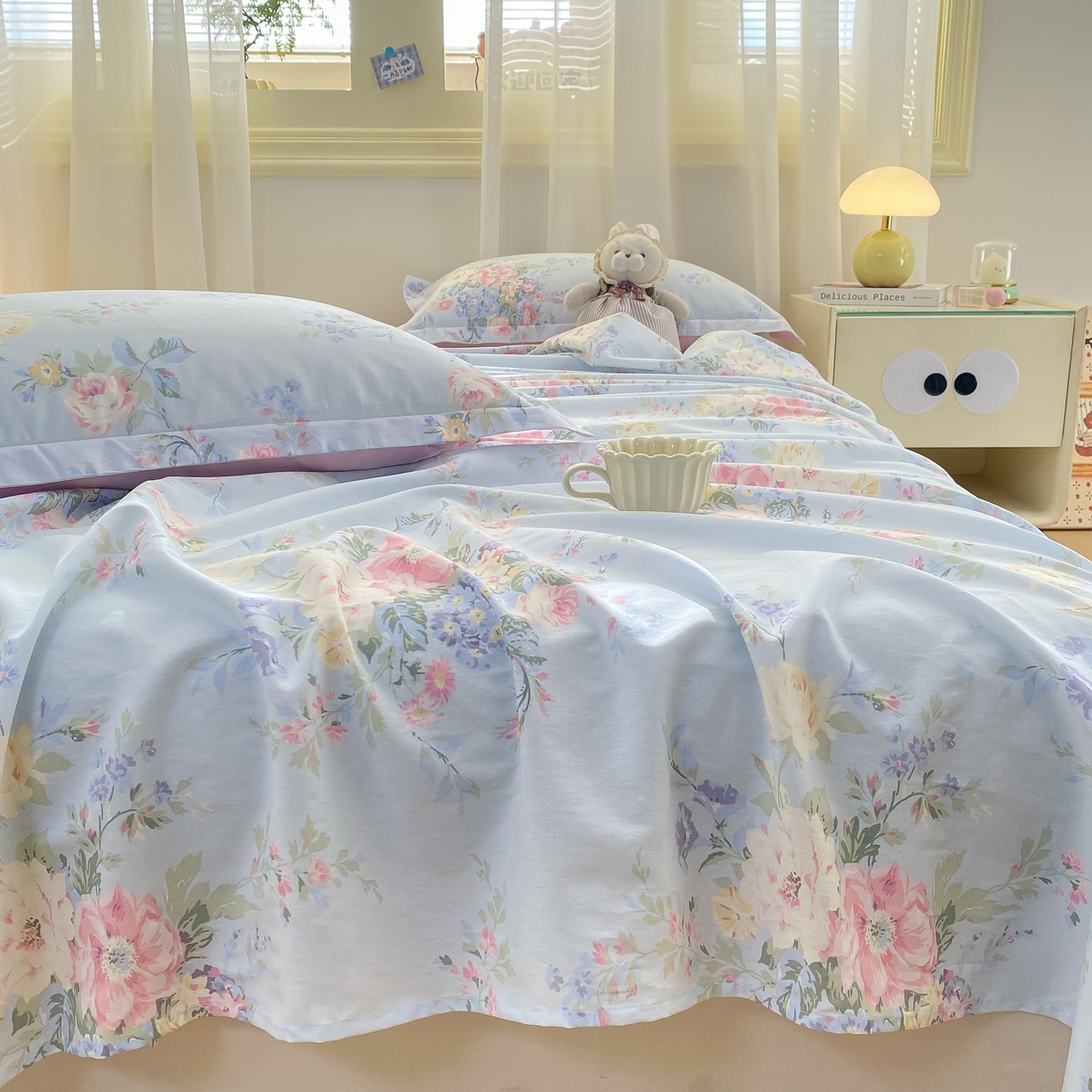 91家纺网 家纺一手货源 找家纺 花梦欣 2026新款全棉印花单品系列-单床单 栀夏海棠蓝