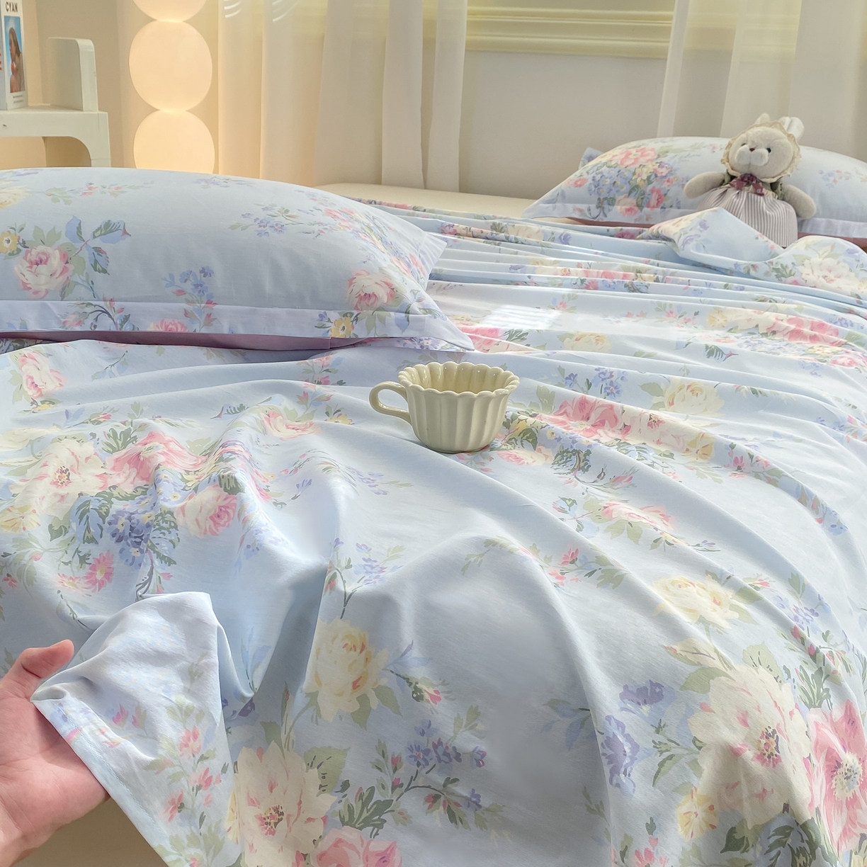 91家纺网 家纺一手货源 找家纺 花梦欣 2026新款全棉印花单品系列-单床单 栀夏海棠蓝