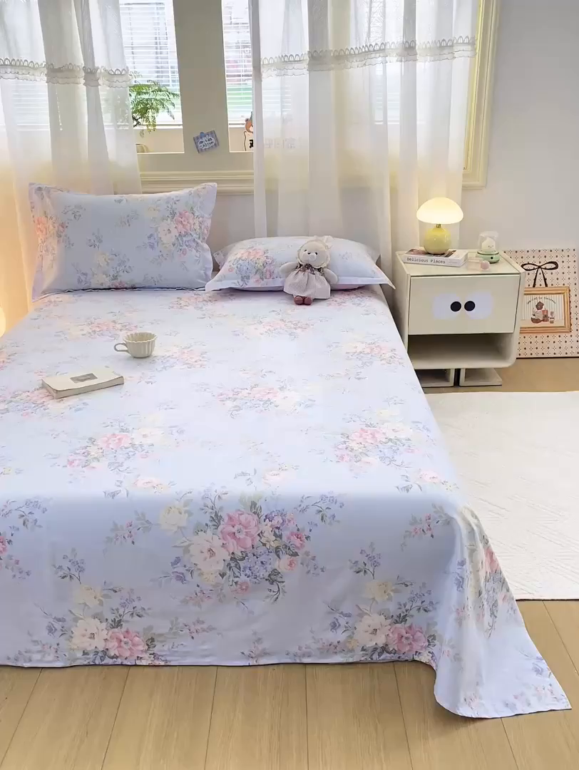 91家纺网 家纺一手货源 找家纺 花梦欣 2026新款全棉印花单品系列-单床单 栀夏海棠蓝