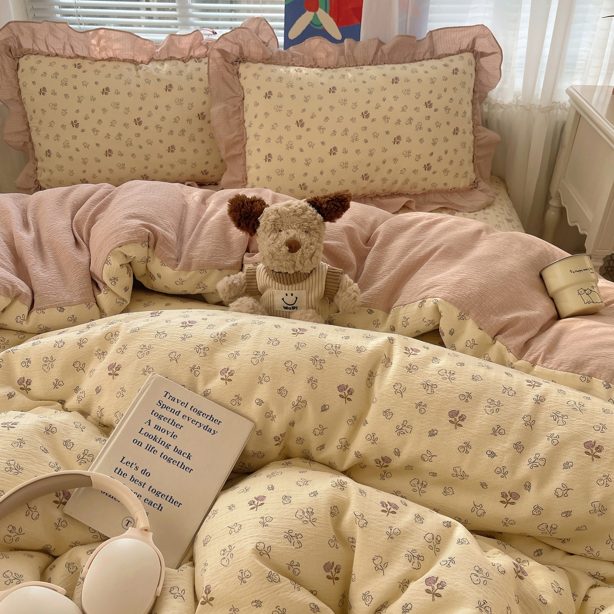 91家纺网 家纺一手货源 找家纺 韩都家居 2026新款云感双层纱床盖四件套 赫本春色