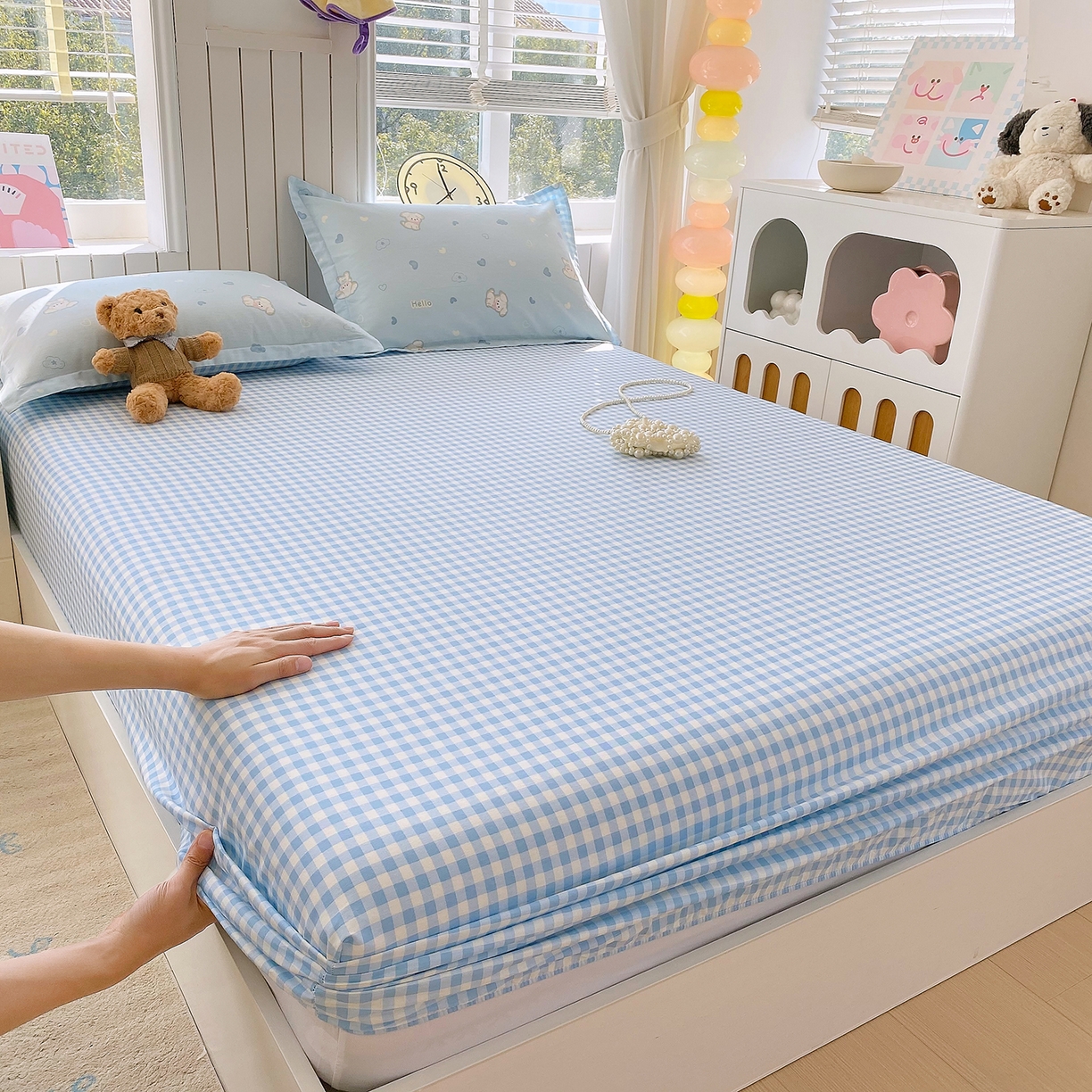 金丝兔 2026新款纯棉印花单品床笠系列 蓝小格