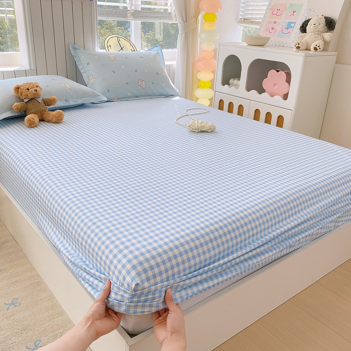 91家纺网 家纺一手货源 找家纺 金丝兔 2026新款纯棉印花单品床笠系列 蓝小格