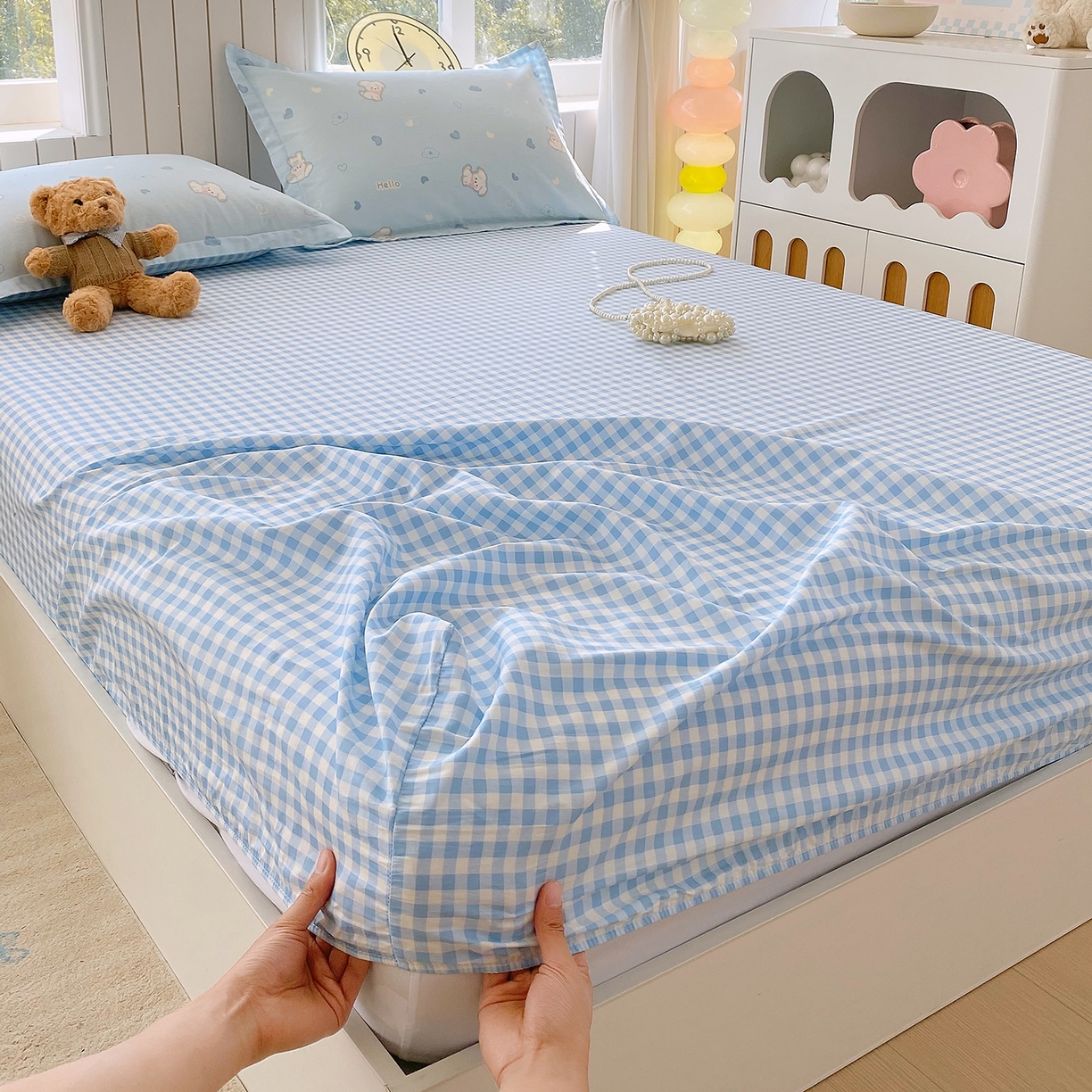 91家纺网 家纺一手货源 找家纺 金丝兔 2026新款纯棉印花单品床笠系列 蓝小格