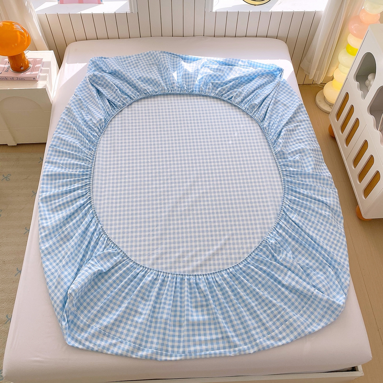 91家纺网 家纺一手货源 找家纺 金丝兔 2026新款纯棉印花单品床笠系列 蓝小格