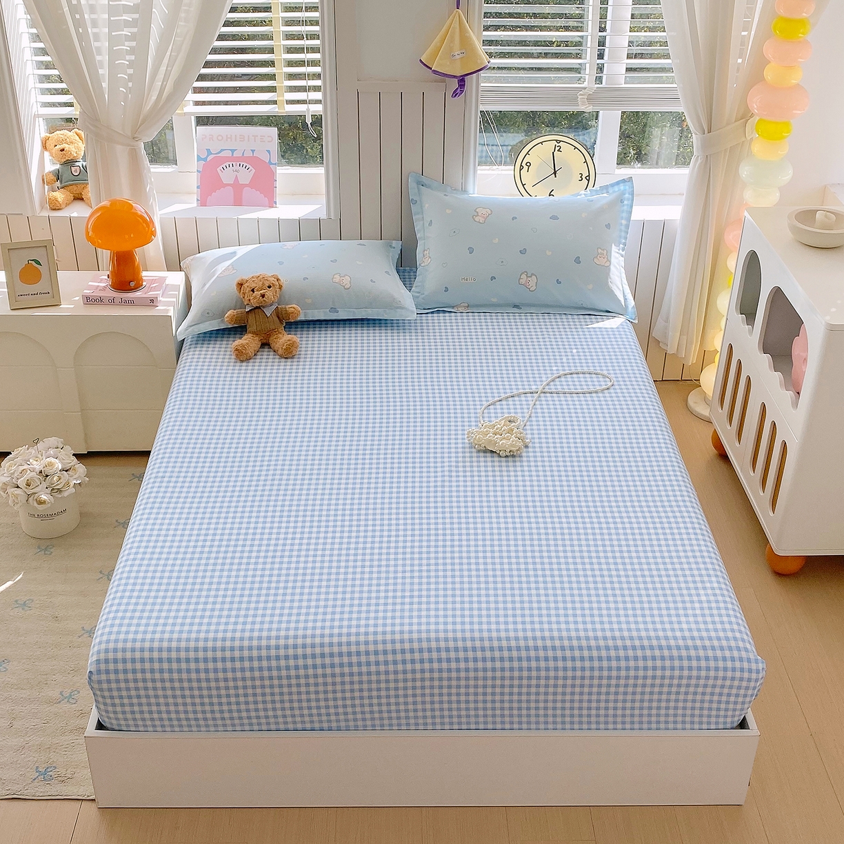 91家纺网 家纺一手货源 找家纺 金丝兔 2026新款纯棉印花单品床笠系列 蓝小格