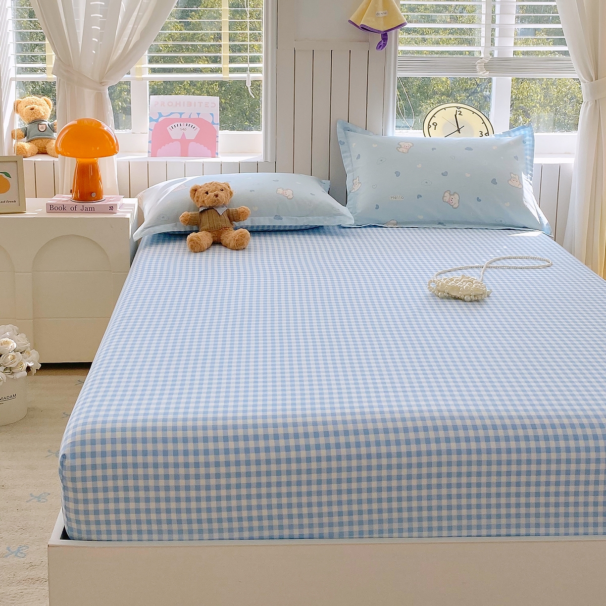 91家纺网 家纺一手货源 找家纺 金丝兔 2026新款纯棉印花单品床笠系列 蓝小格