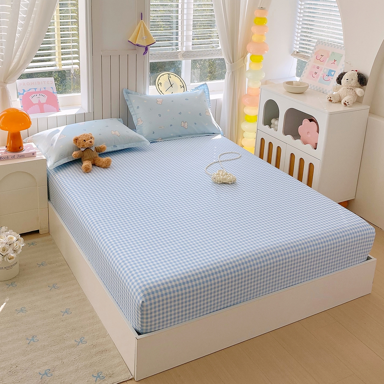 91家纺网 家纺一手货源 找家纺 金丝兔 2026新款纯棉印花单品床笠系列 蓝小格