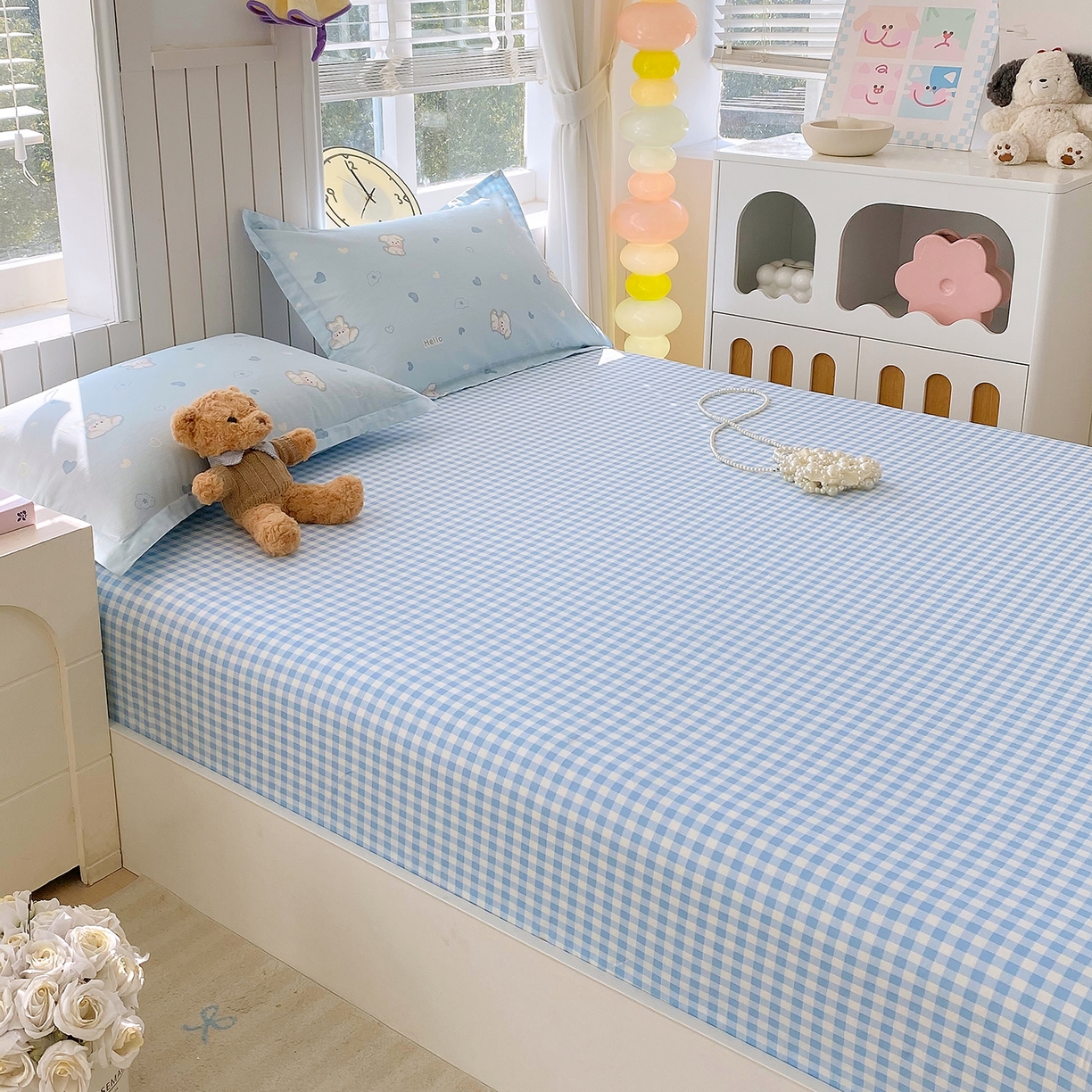 91家纺网 家纺一手货源 找家纺 金丝兔 2026新款纯棉印花单品床笠系列 蓝小格