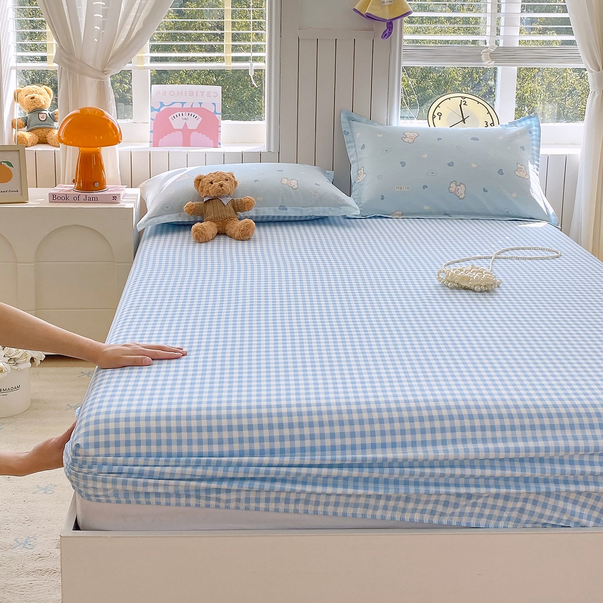 91家纺网 家纺一手货源 找家纺 金丝兔 2026新款纯棉印花单品床笠系列 蓝小格