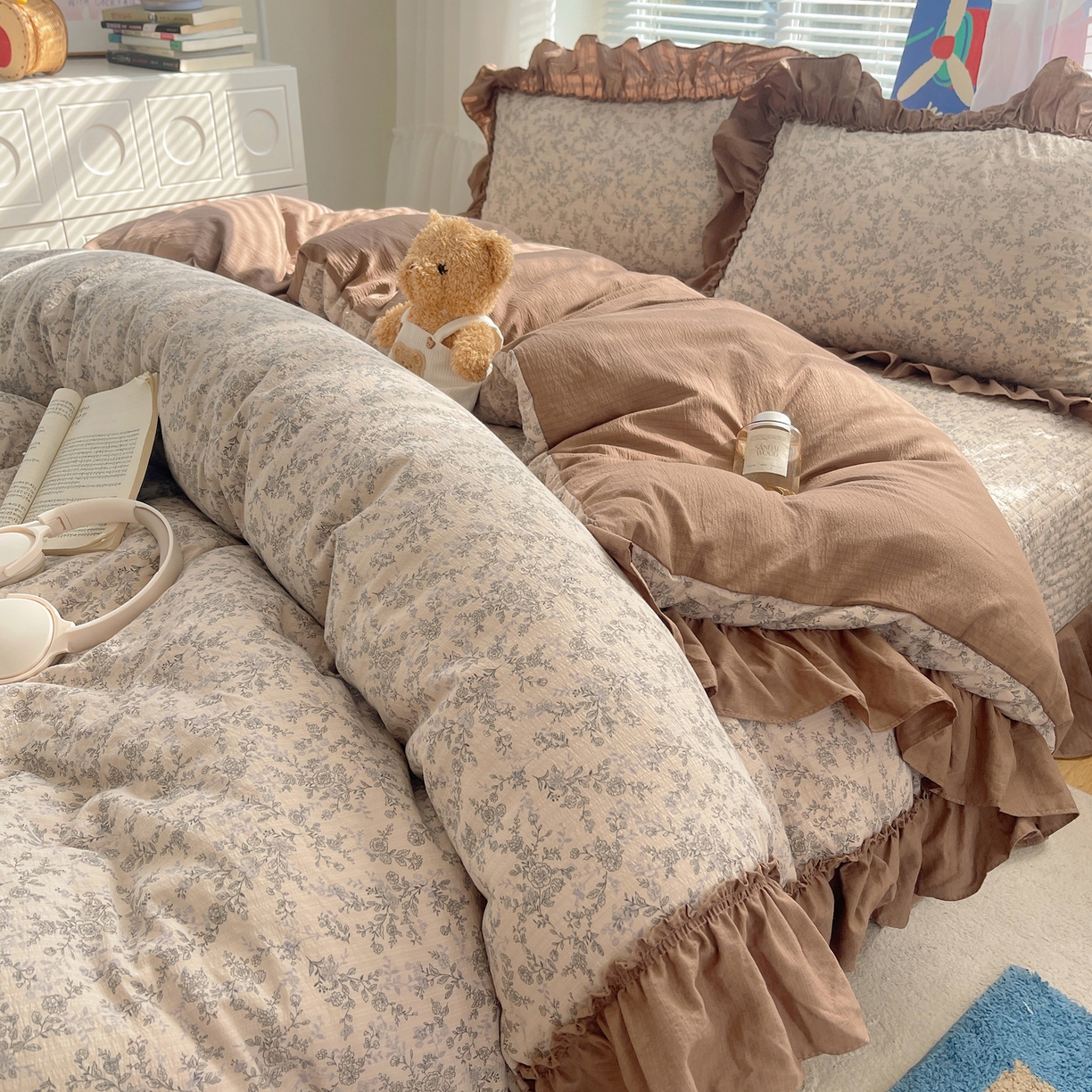 韩都家居 2026新款云感双层纱床盖四件套 赫本咖