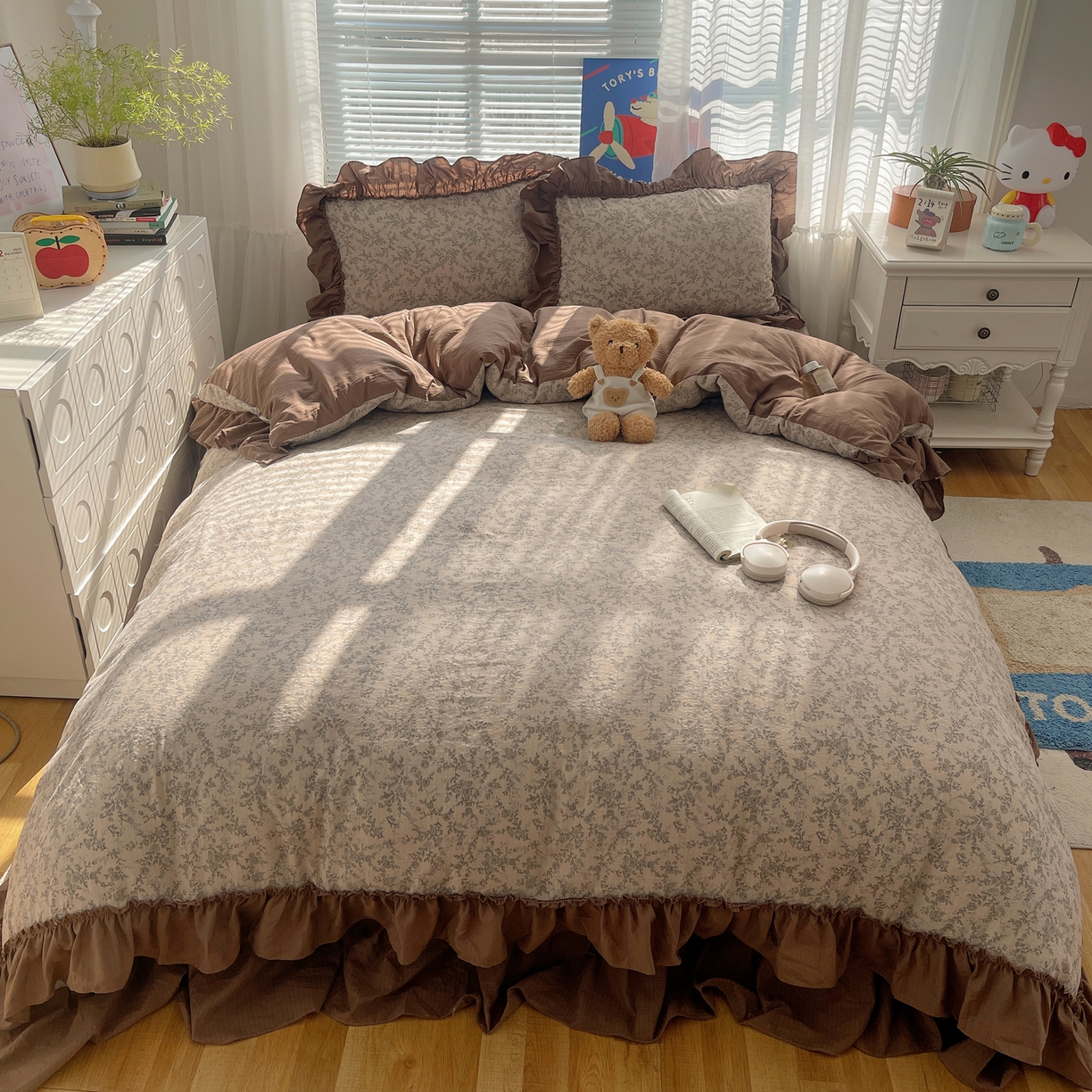 91家纺网 家纺一手货源 找家纺 韩都家居 2026新款云感双层纱床盖四件套 赫本咖