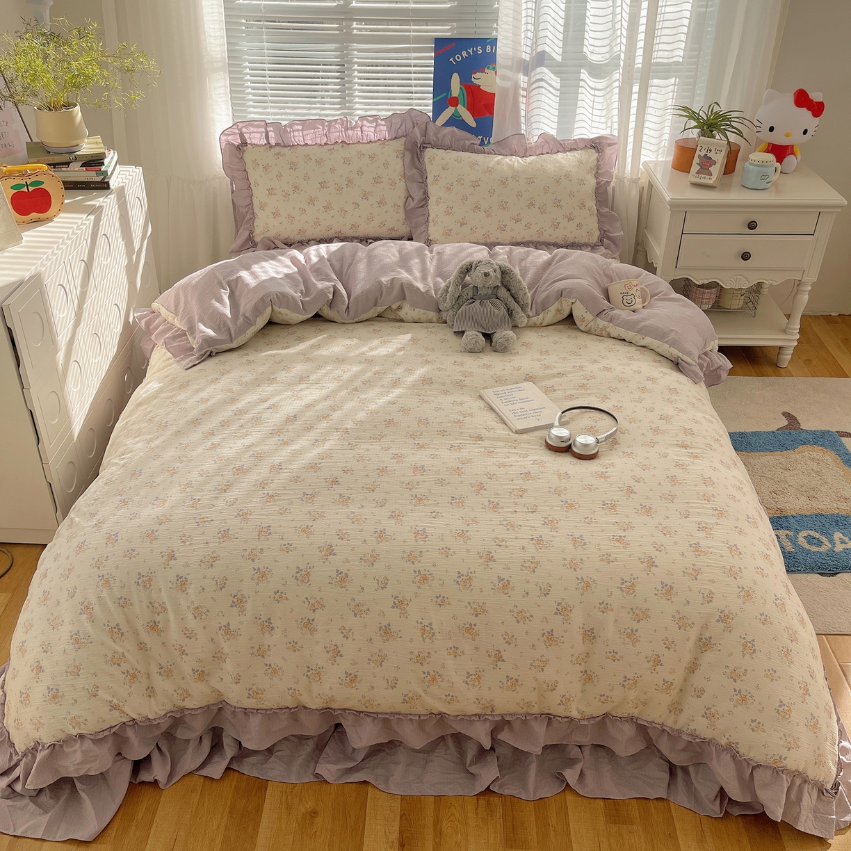 91家纺网 家纺一手货源 找家纺 韩都家居 2026新款云感双层纱床盖四件套 赫本夏朵