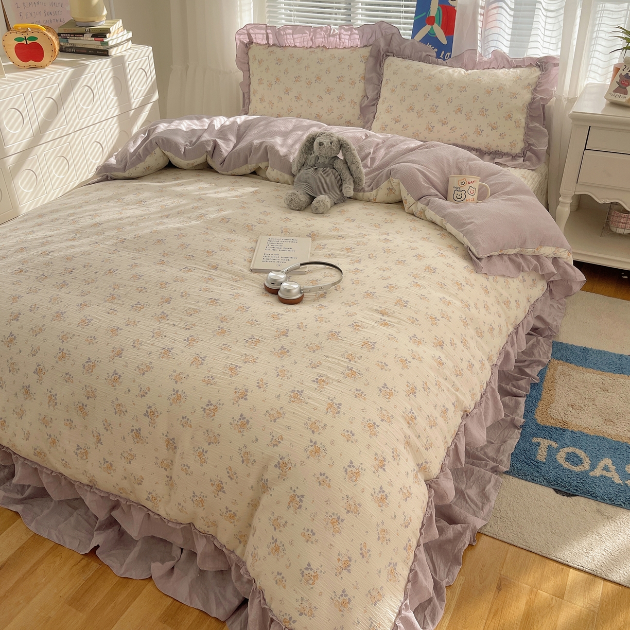 91家纺网 家纺一手货源 找家纺 韩都家居 2026新款云感双层纱床盖四件套 赫本夏朵