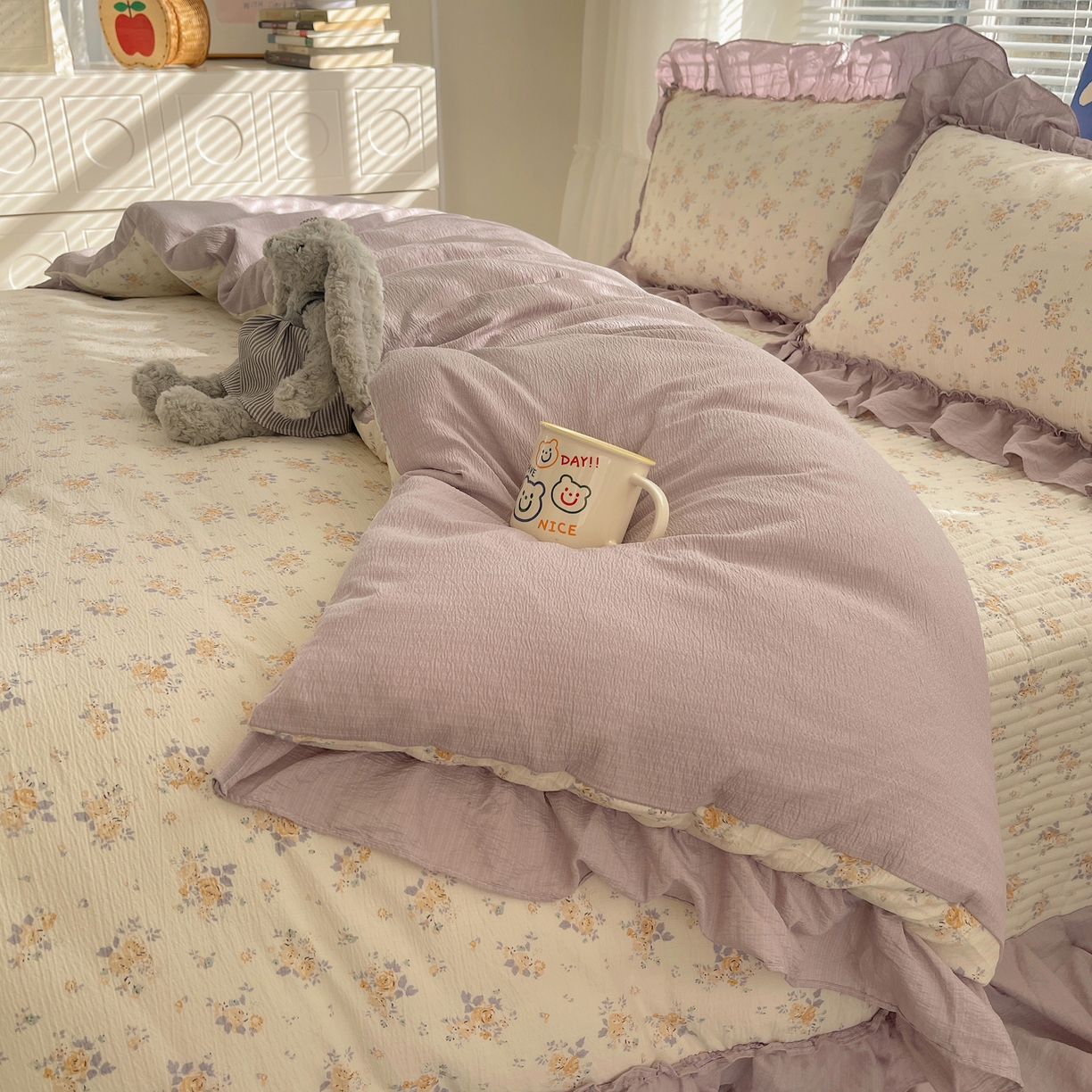 91家纺网 家纺一手货源 找家纺 韩都家居 2026新款云感双层纱床盖四件套 赫本夏朵