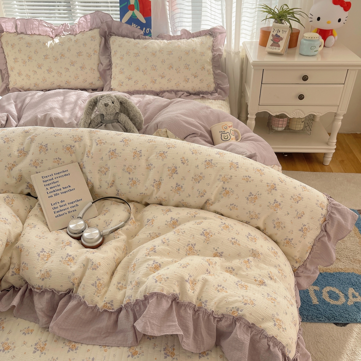 91家纺网 家纺一手货源 找家纺 韩都家居 2026新款云感双层纱床盖四件套 赫本夏朵