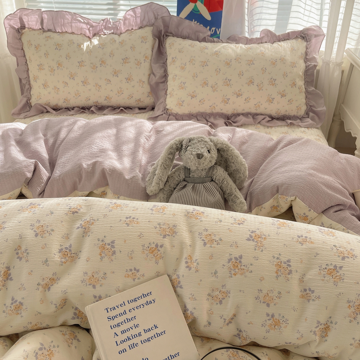 91家纺网 家纺一手货源 找家纺 韩都家居 2026新款云感双层纱床盖四件套 赫本夏朵