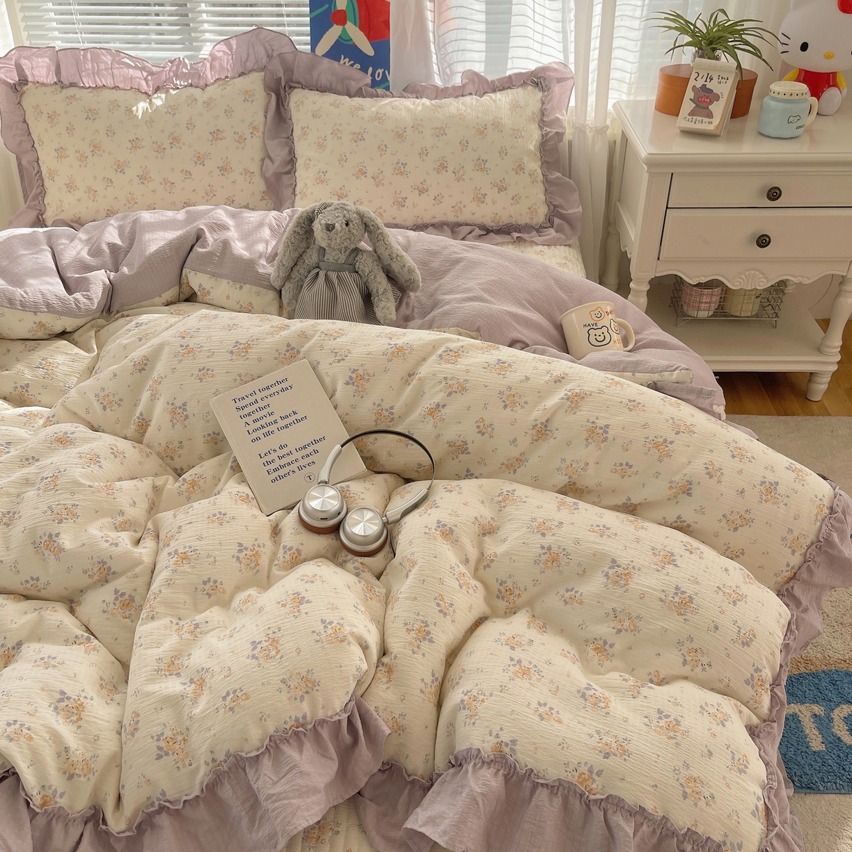 91家纺网 家纺一手货源 找家纺 韩都家居 2026新款云感双层纱床盖四件套 赫本夏朵