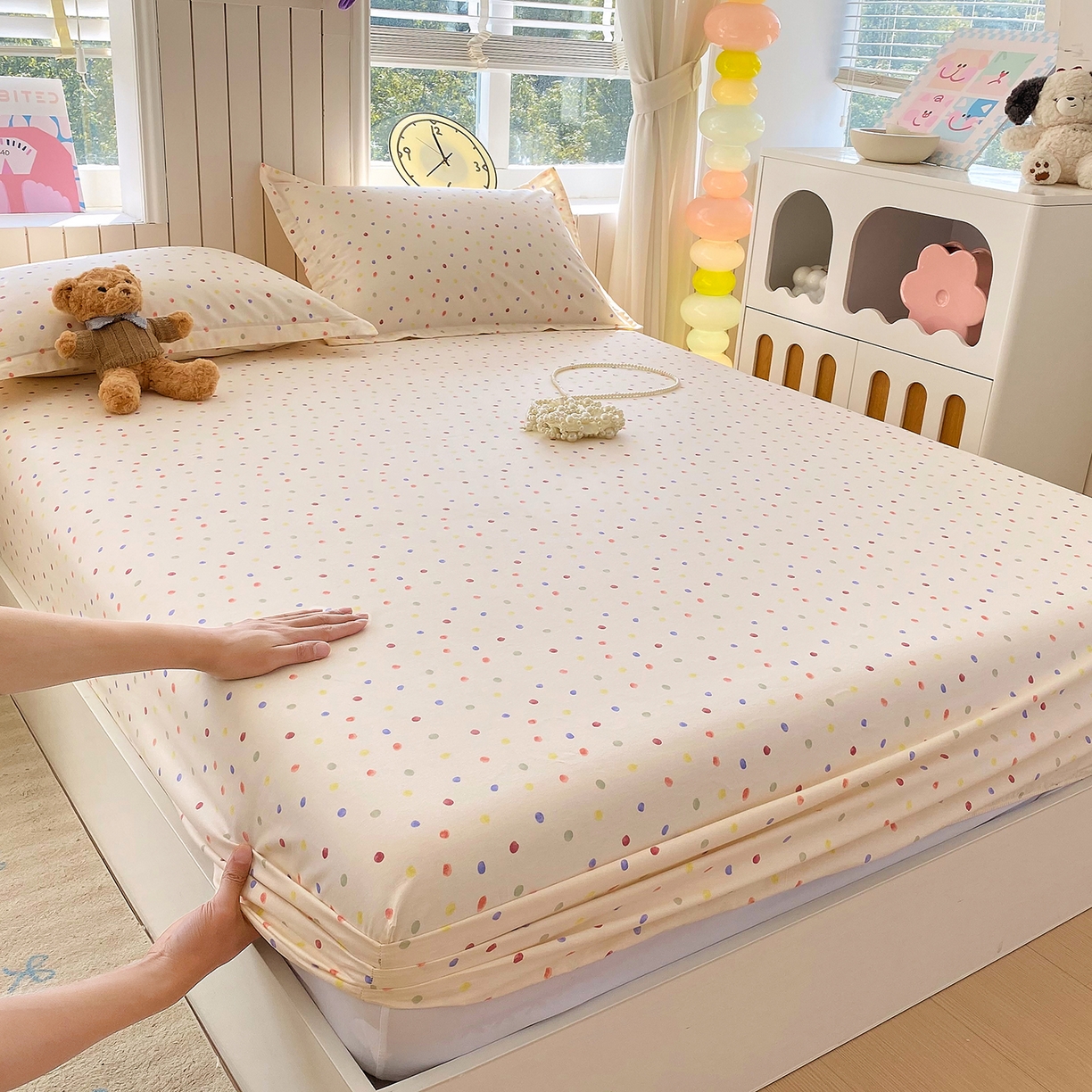 金丝兔 2026新款纯棉印花单品床笠系列 奶油波点