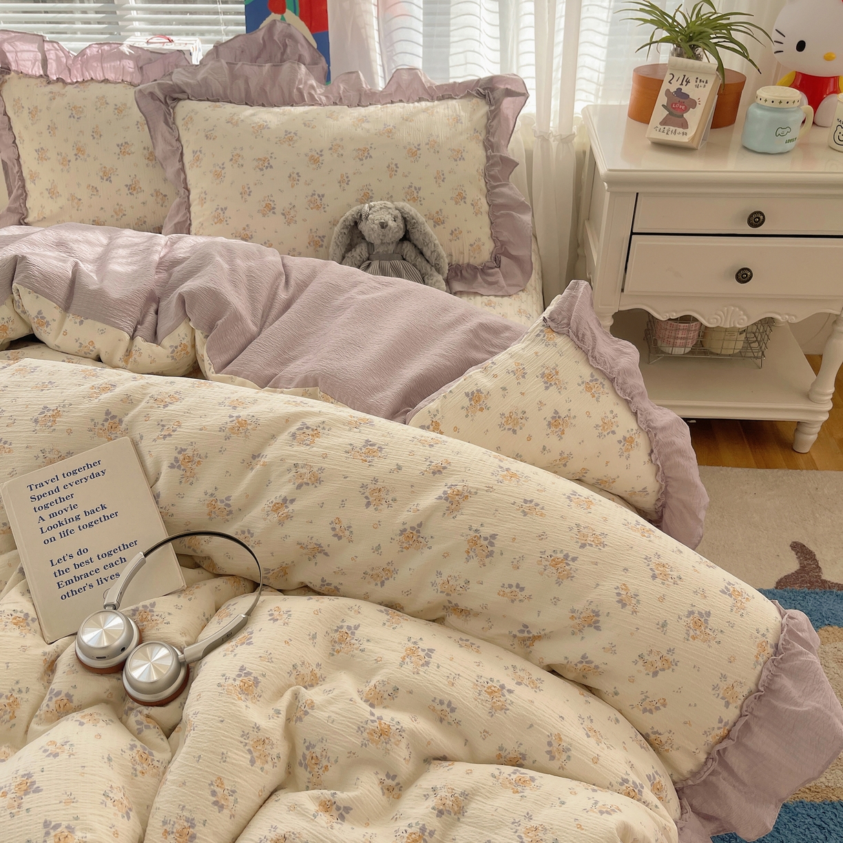 91家纺网 家纺一手货源 找家纺 韩都家居 2026新款云感双层纱床盖四件套 赫本夏朵