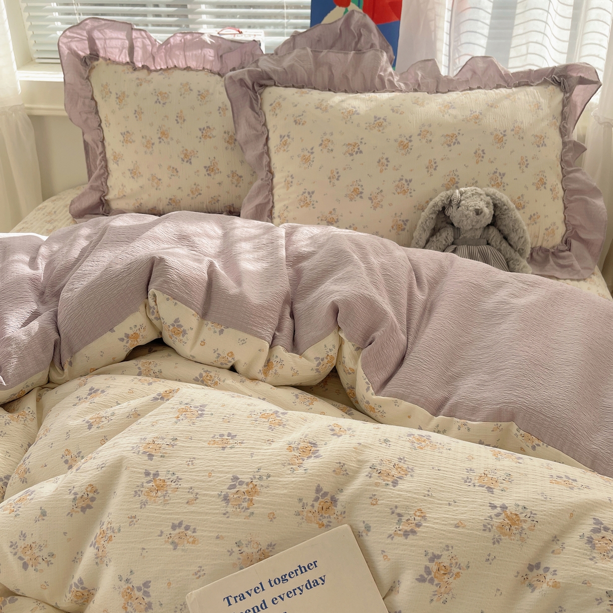 91家纺网 家纺一手货源 找家纺 韩都家居 2026新款云感双层纱床盖四件套 赫本夏朵