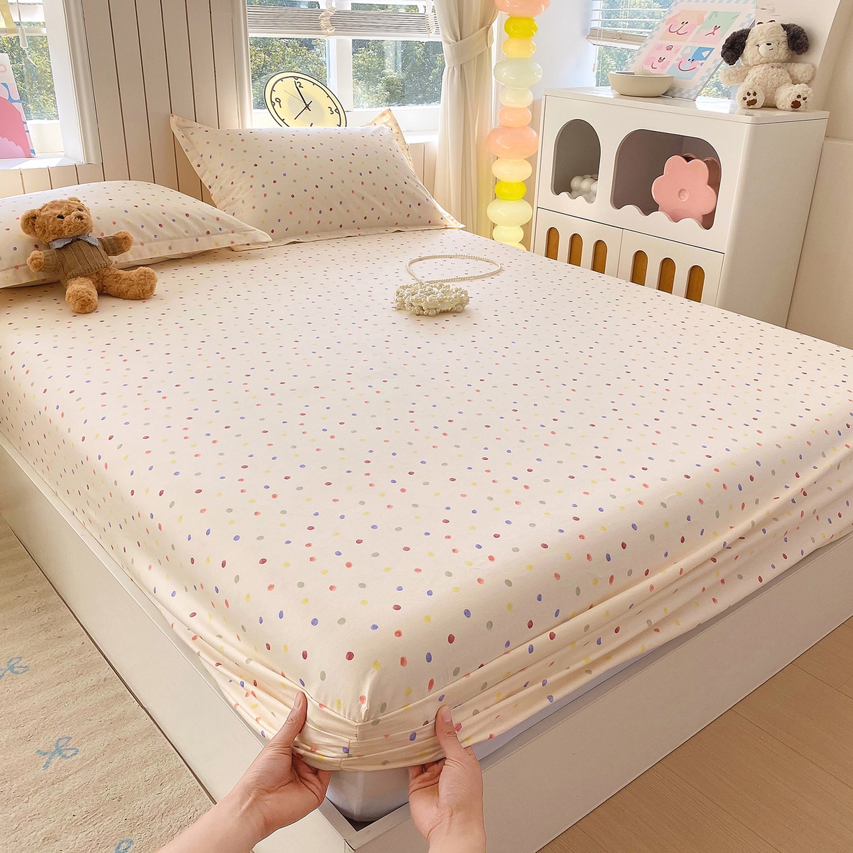 91家纺网 家纺一手货源 找家纺 金丝兔 2026新款纯棉印花单品床笠系列 奶油波点