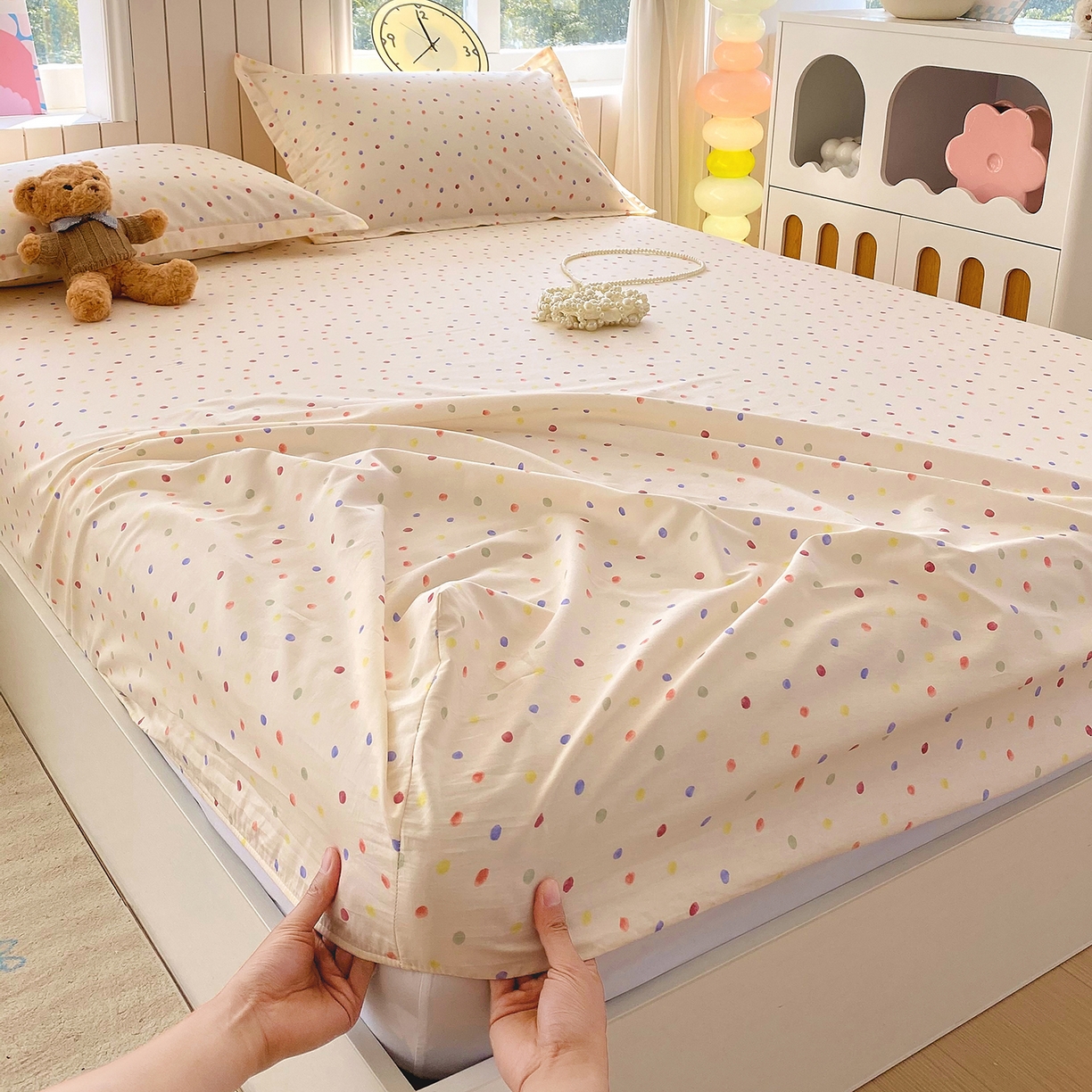 91家纺网 家纺一手货源 找家纺 金丝兔 2026新款纯棉印花单品床笠系列 奶油波点