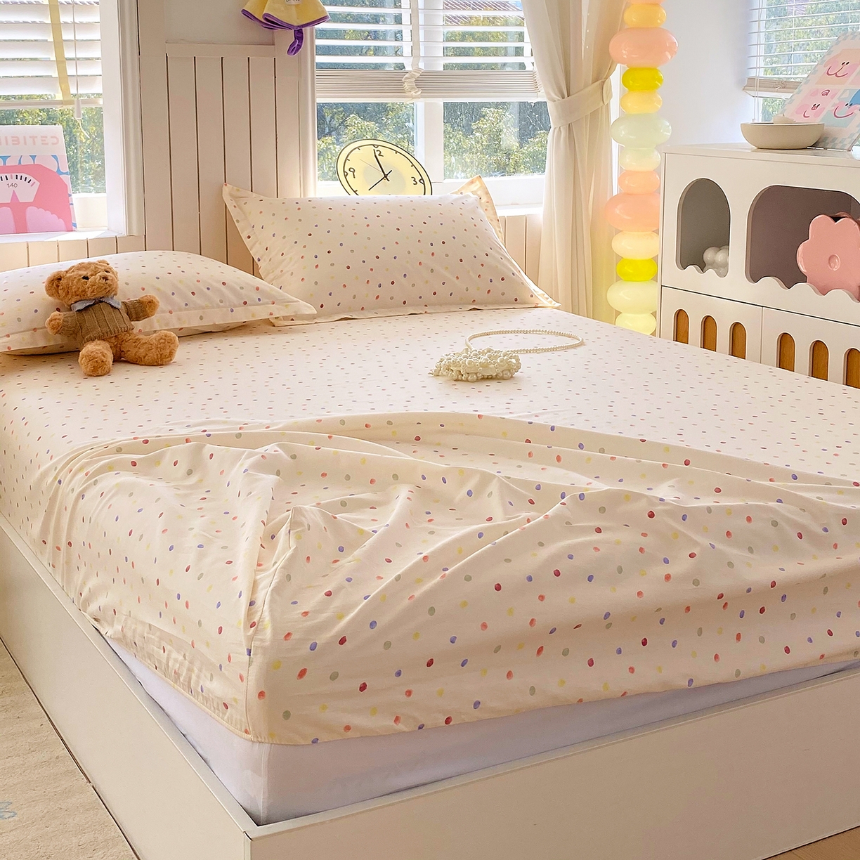 91家纺网 家纺一手货源 找家纺 金丝兔 2026新款纯棉印花单品床笠系列 奶油波点