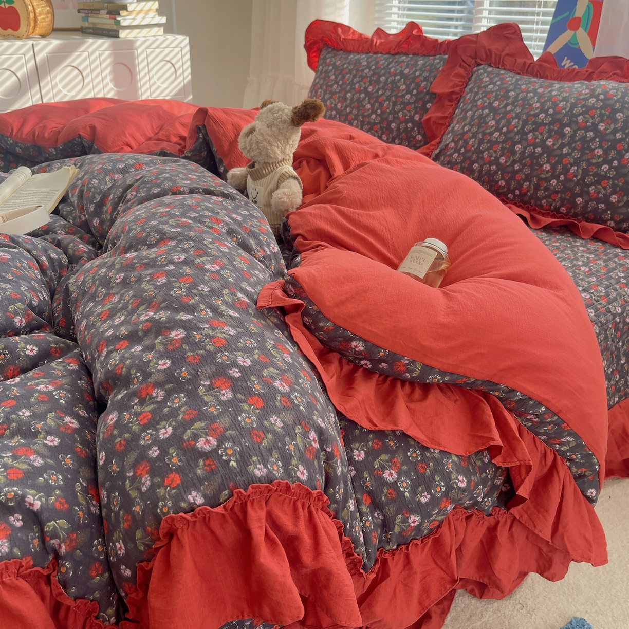 韩都家居 2026新款云感双层纱床盖四件套 花季