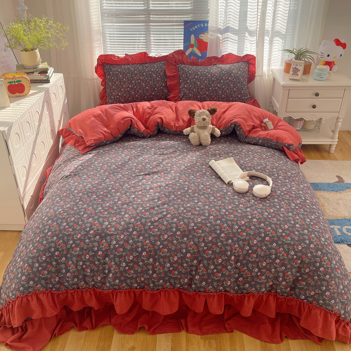 91家纺网 家纺一手货源 找家纺 韩都家居 2026新款云感双层纱床盖四件套 花季