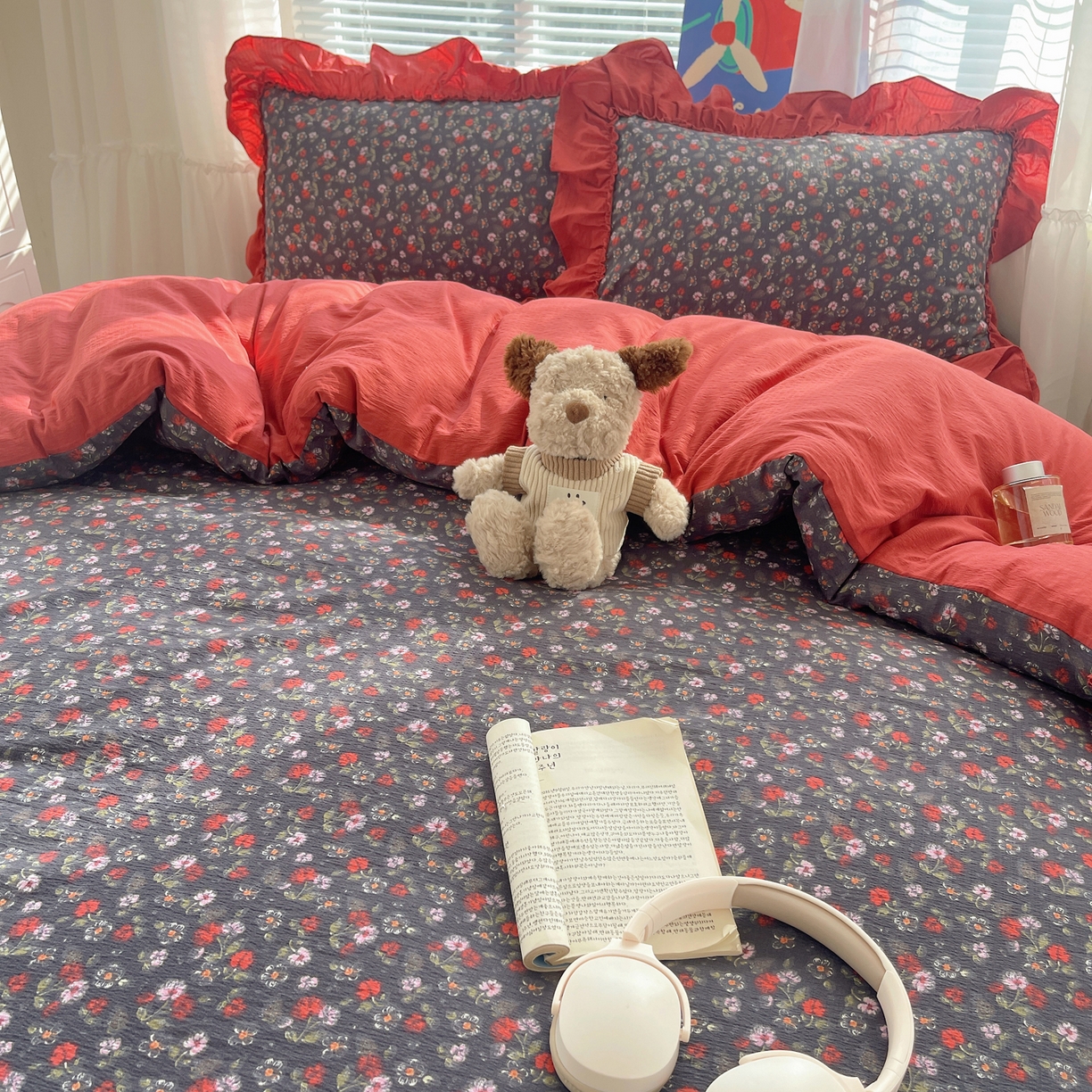 91家纺网 家纺一手货源 找家纺 韩都家居 2026新款云感双层纱床盖四件套 花季