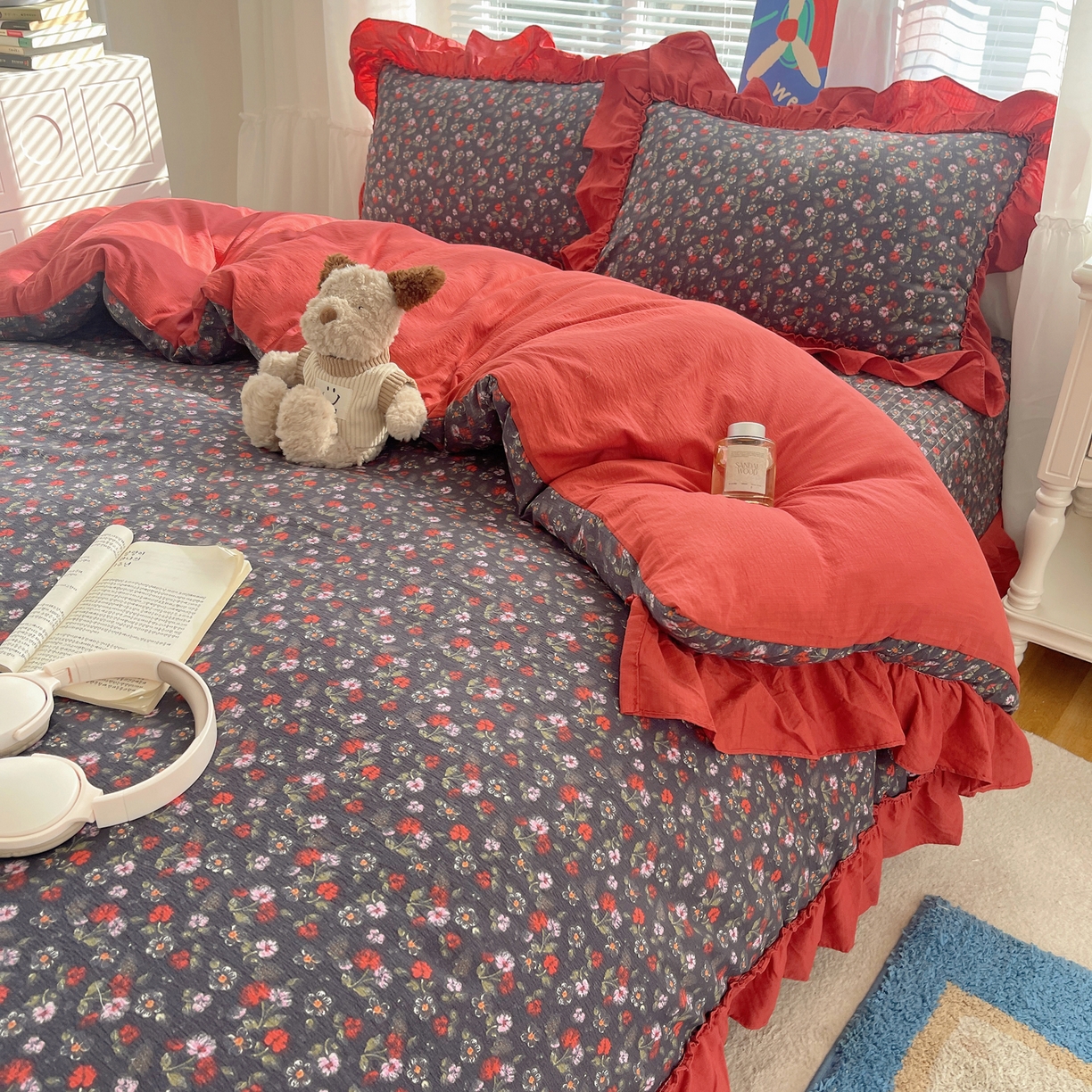 91家纺网 家纺一手货源 找家纺 韩都家居 2026新款云感双层纱床盖四件套 花季