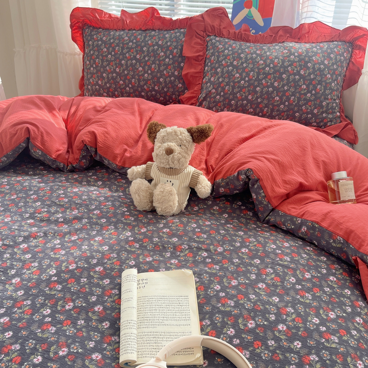 91家纺网 家纺一手货源 找家纺 韩都家居 2026新款云感双层纱床盖四件套 花季