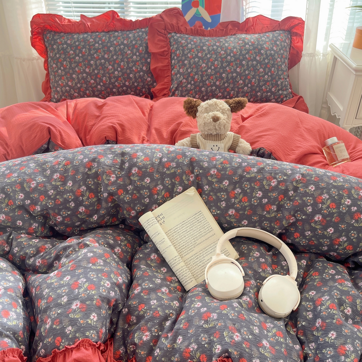 91家纺网 家纺一手货源 找家纺 韩都家居 2026新款云感双层纱床盖四件套 花季