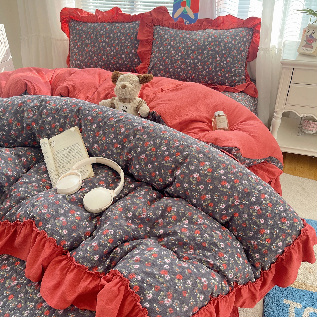 91家纺网 家纺一手货源 找家纺 韩都家居 2026新款云感双层纱床盖四件套 花季