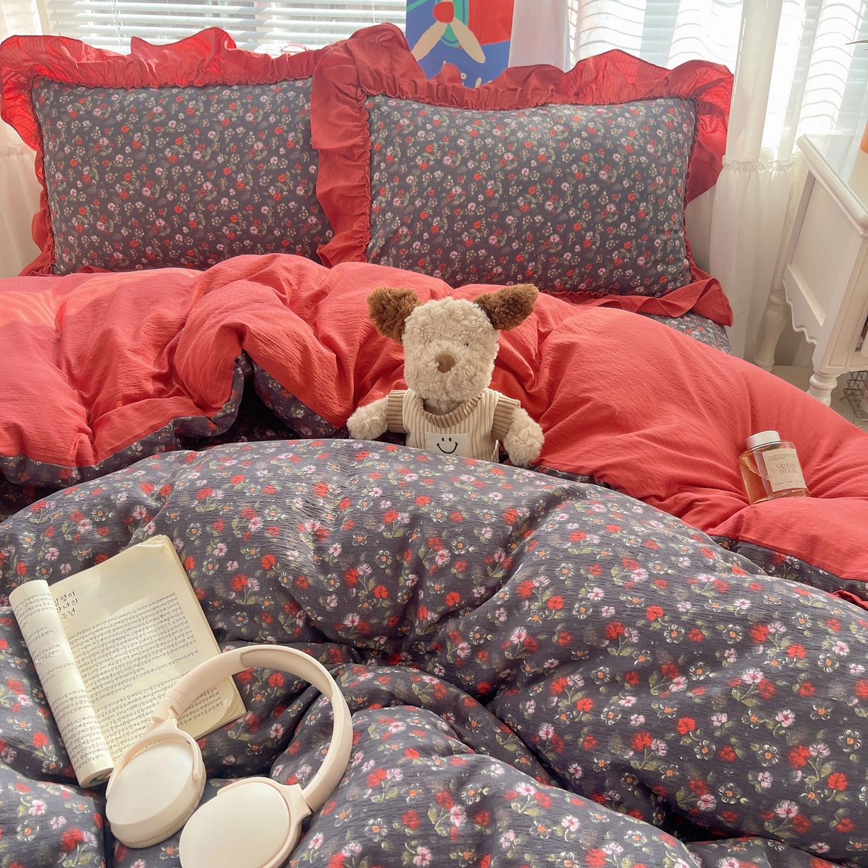 91家纺网 家纺一手货源 找家纺 韩都家居 2026新款云感双层纱床盖四件套 花季