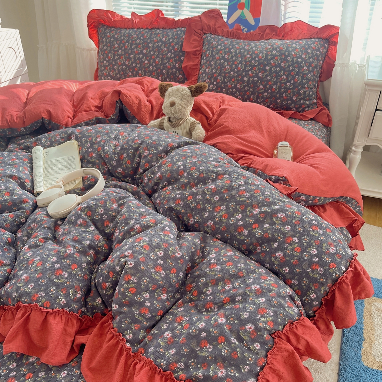 91家纺网 家纺一手货源 找家纺 韩都家居 2026新款云感双层纱床盖四件套 花季