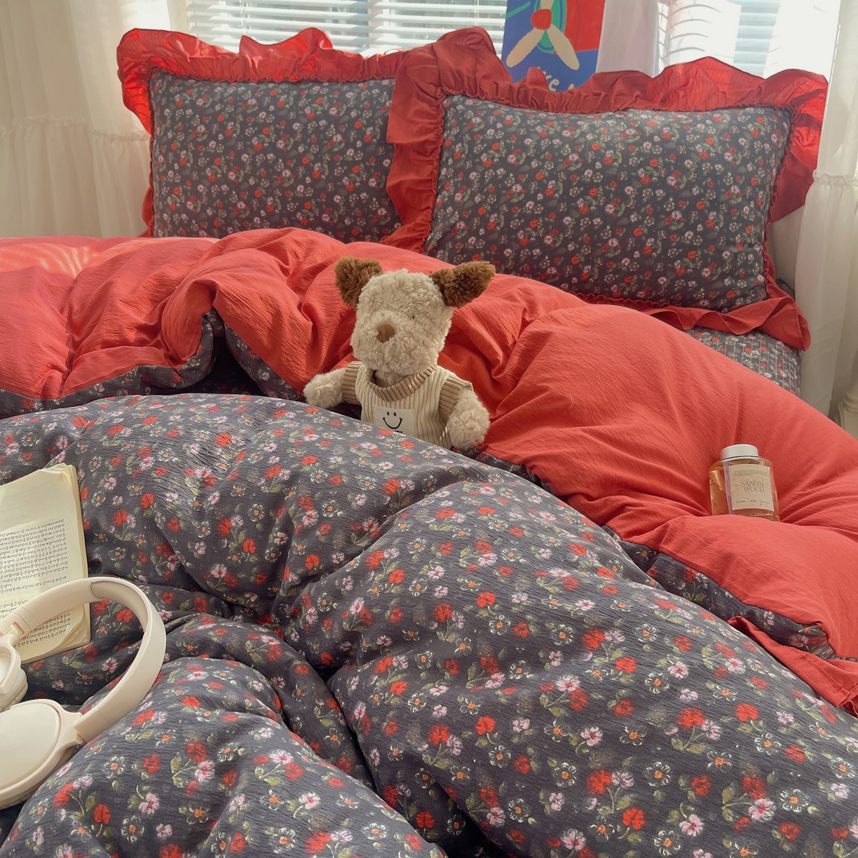 91家纺网 家纺一手货源 找家纺 韩都家居 2026新款云感双层纱床盖四件套 花季