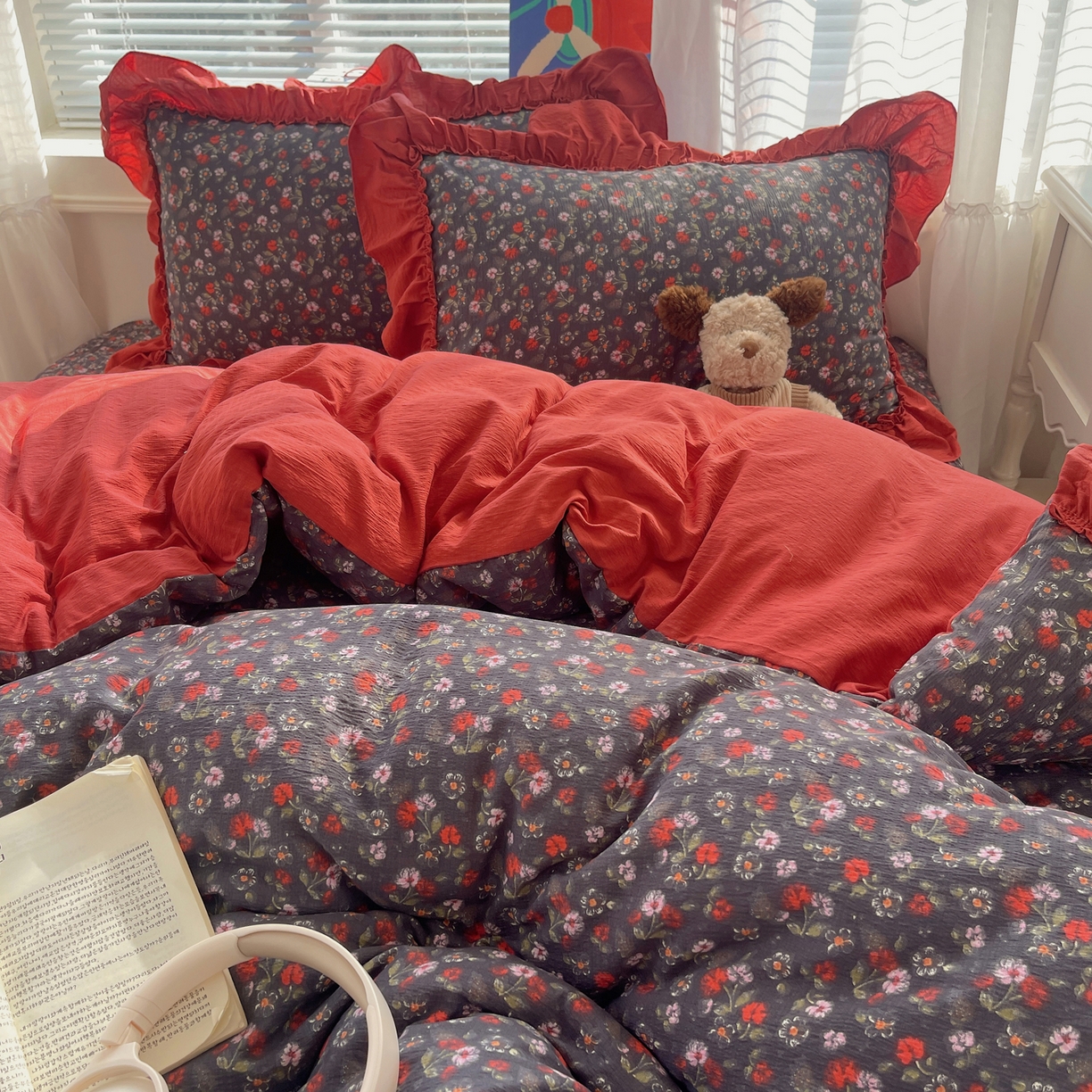 91家纺网 家纺一手货源 找家纺 韩都家居 2026新款云感双层纱床盖四件套 花季