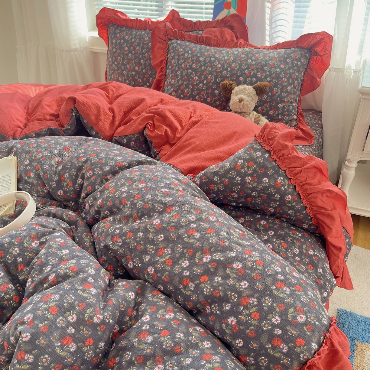 91家纺网 家纺一手货源 找家纺 韩都家居 2026新款云感双层纱床盖四件套 花季