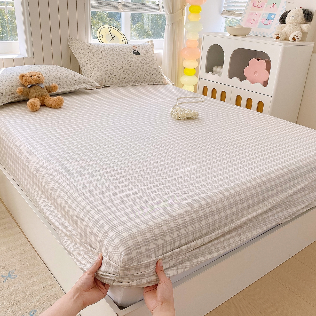 91家纺网 家纺一手货源 找家纺 金丝兔 2026新款纯棉印花单品床笠系列 时尚灰格