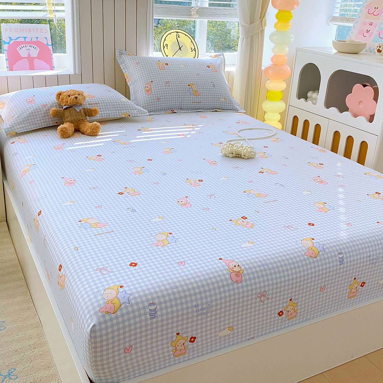 91家纺网 家纺一手货源 找家纺 金丝兔 2026新款纯棉印花单品床笠系列 甜梦精灵-蓝