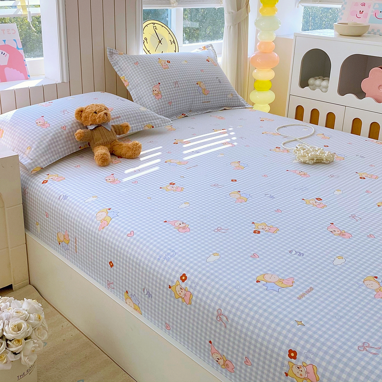 91家纺网 家纺一手货源 找家纺 金丝兔 2026新款纯棉印花单品床笠系列 甜梦精灵-蓝