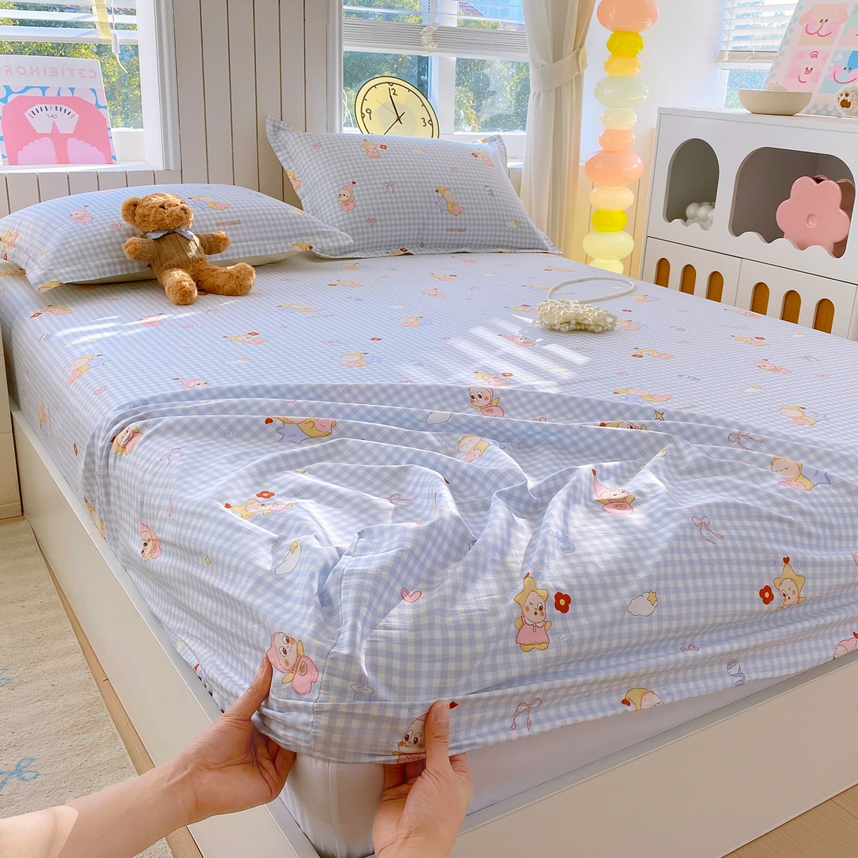 91家纺网 家纺一手货源 找家纺 金丝兔 2026新款纯棉印花单品床笠系列 甜梦精灵-蓝