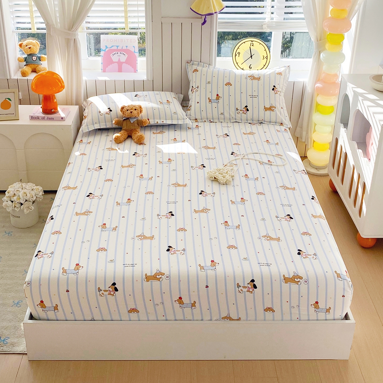 91家纺网 家纺一手货源 找家纺 金丝兔 2026新款纯棉印花单品床笠系列 条纹小狗