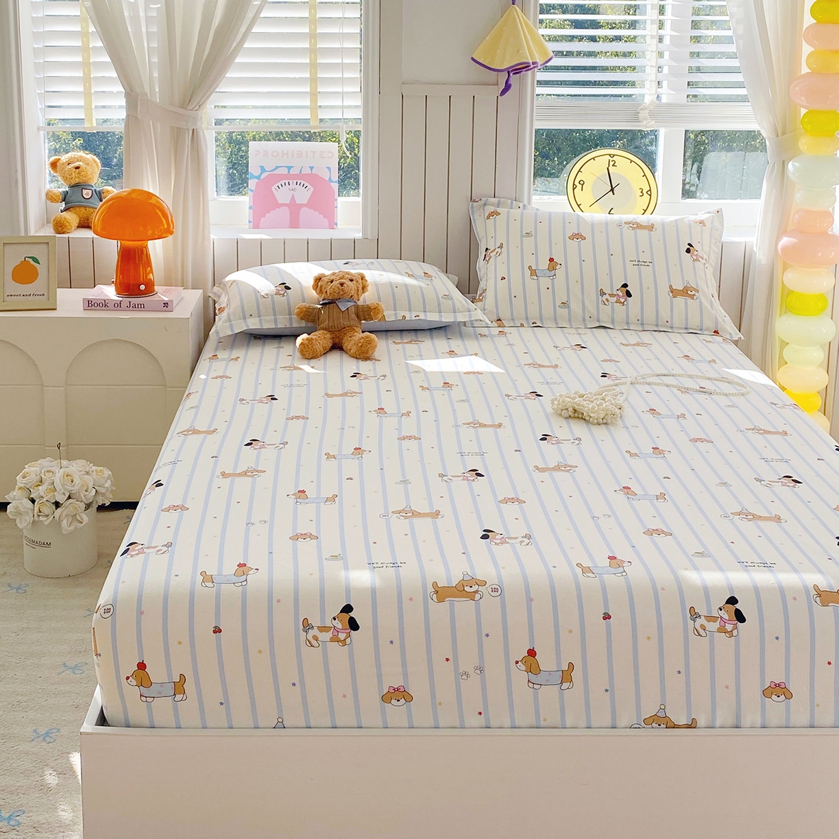 91家纺网 家纺一手货源 找家纺 金丝兔 2026新款纯棉印花单品床笠系列 条纹小狗