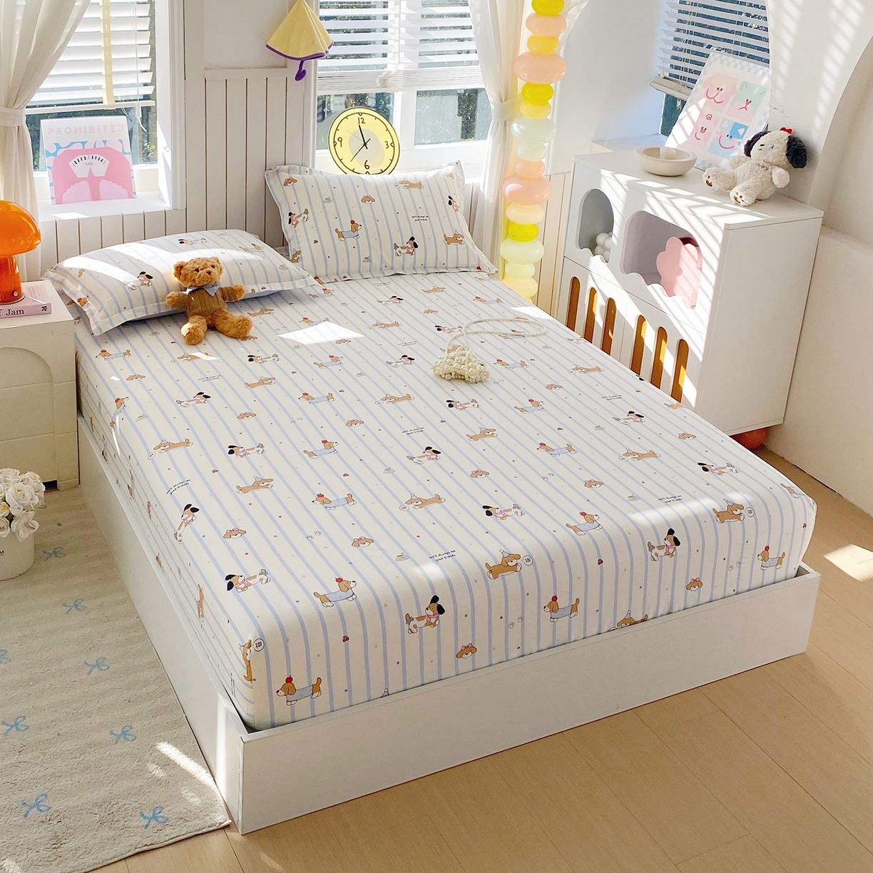 91家纺网 家纺一手货源 找家纺 金丝兔 2026新款纯棉印花单品床笠系列 条纹小狗