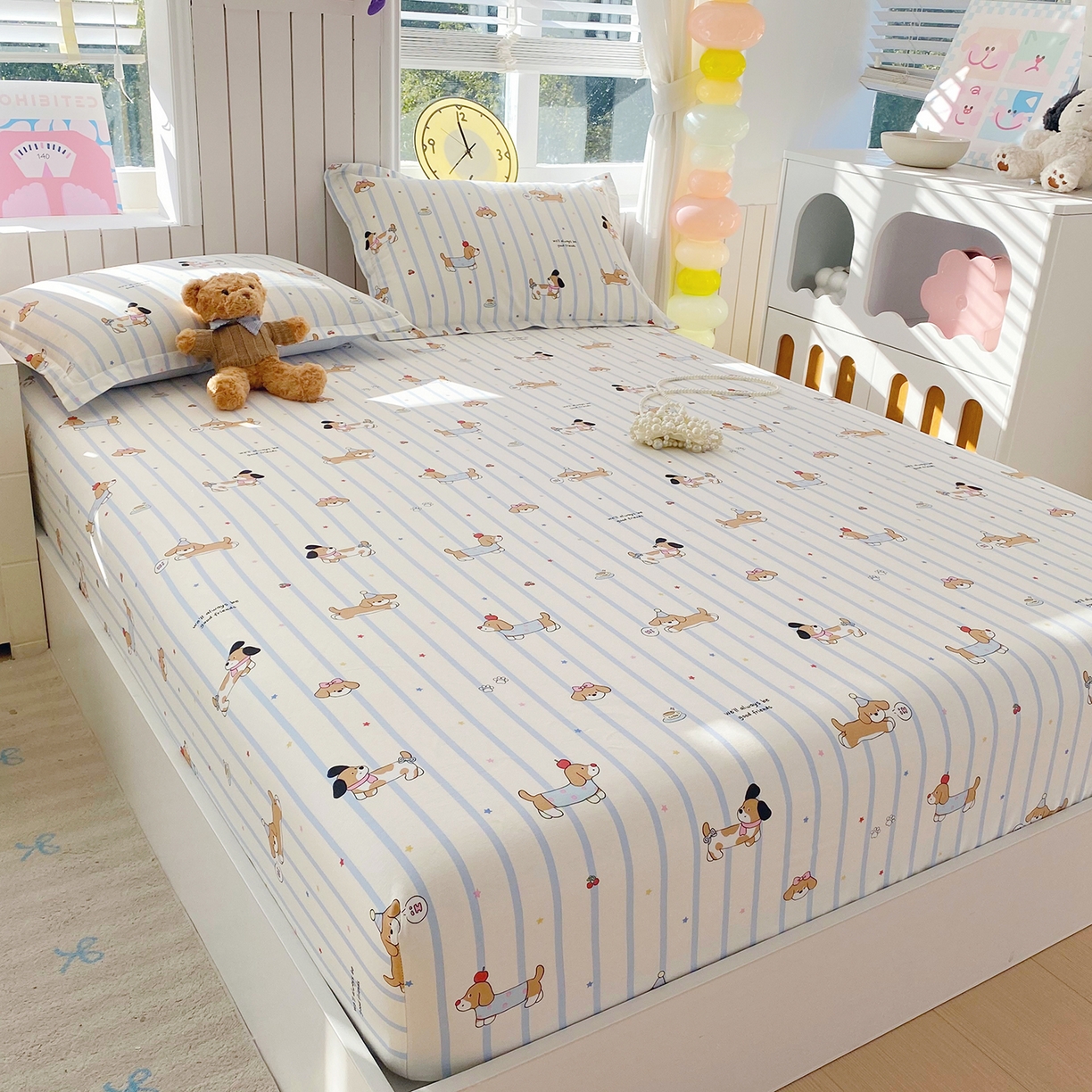 91家纺网 家纺一手货源 找家纺 金丝兔 2026新款纯棉印花单品床笠系列 条纹小狗