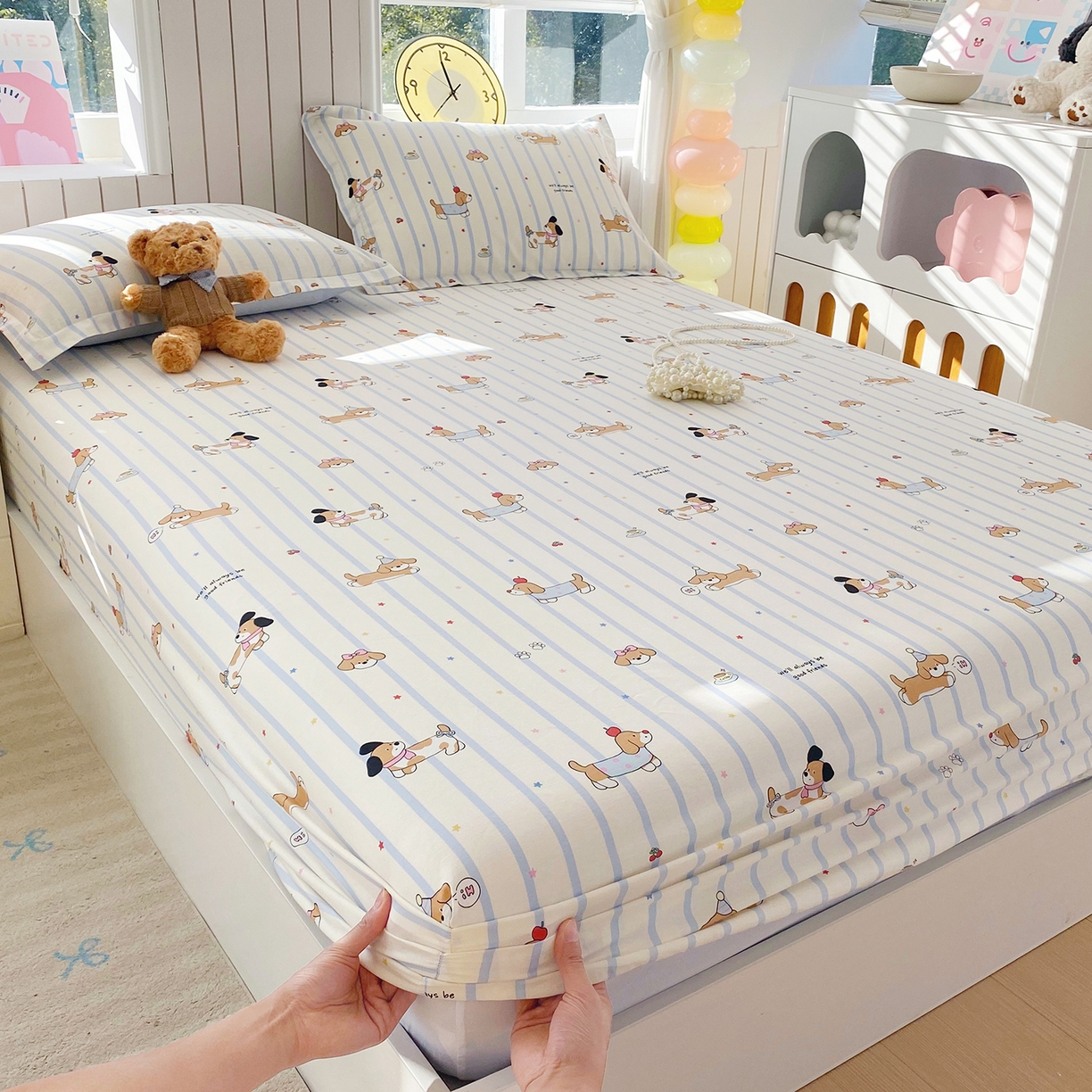 91家纺网 家纺一手货源 找家纺 金丝兔 2026新款纯棉印花单品床笠系列 条纹小狗